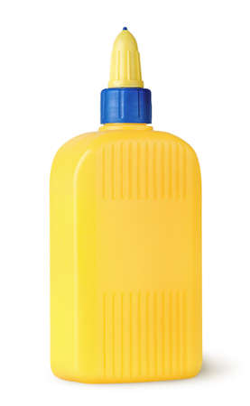 Plastic bottle of glue rotated isolated on white backgroundの写真素材