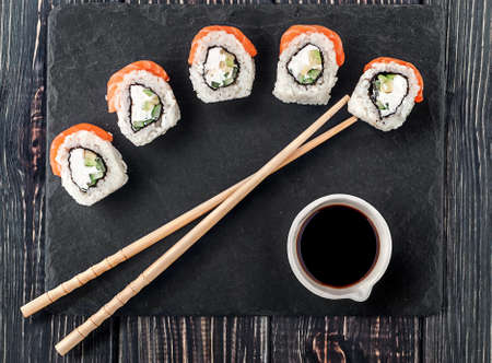 Philadelphia Sushi roll on shale stoneの写真素材