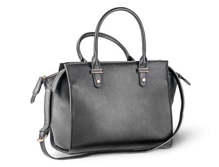 Black leather ladies handbag with strapの写真素材