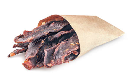 Jerky in a paper bag isolated on white background in frontの写真素材