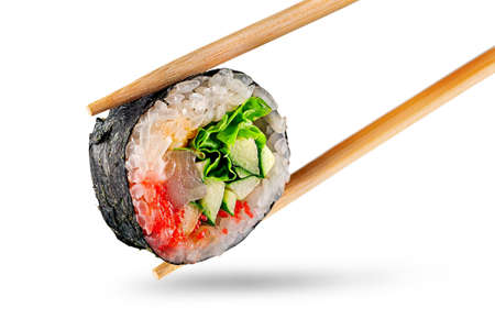 Roll spicy lollo-Ross with chopsticks. Isolated on white backgroundの写真素材