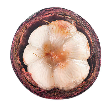 Ripe opened mangosteen top view isolated on whiteの写真素材