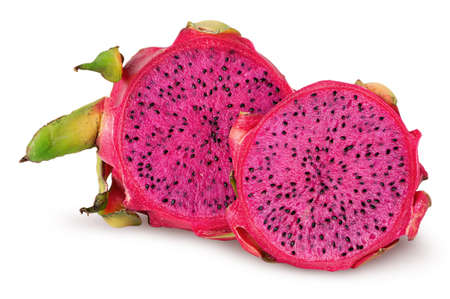 Dragon fruit two halves one behind the other isolated on white backgroundの写真素材