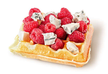 French waffles with raspberries and dorblu cheese isolated on white backgroundの写真素材