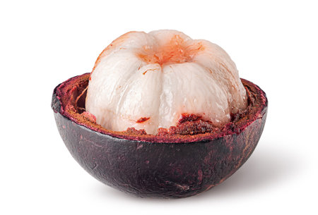Ripe opened mangosteen front view isolated on white backgroundの写真素材