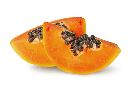Two slices of ripe papaya isolated on white backgroundの写真素材