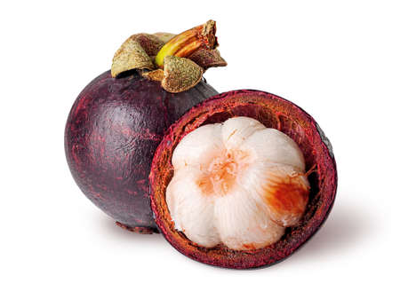 Whole and open mangosteen isolated on white backgroundの写真素材