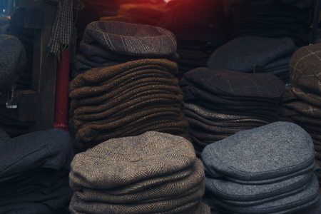 British Style Fashion Hats Staked in Market, Traditional English Hatsの写真素材