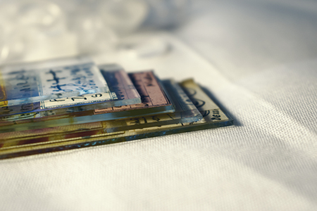 Vintage microscope slide with notes on it, laboratory glassware, research microscope slideの写真素材