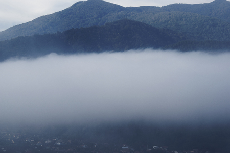 Mountain Village Fog Panorama, Foggy Village View, Mountain Landscapeの写真素材