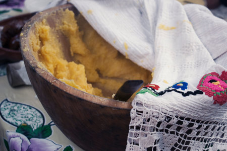 Traditional Romanian Food made from hominy called polentaの写真素材