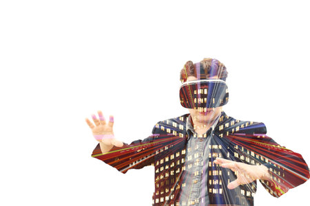 Double Exposure of Young businessman wearing VR glasses and London  Canary Wharf