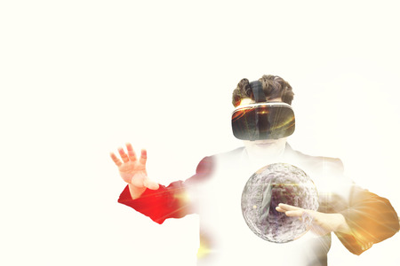 Future Diagnostics and research Concept with double exposure of  Researcher Doctor using VR glasses and stem cellsの写真素材