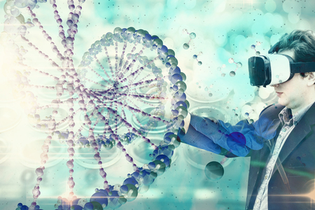 double exposure of doctor researcher medic with VR glasses analyzing DNA helix simulating CRISPR research techniqueの写真素材