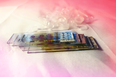 Vintage microscope slide with notes on it, laboratory glassware, research microscope slideの写真素材