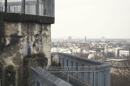 Detail View of Berlin bunker with city landscape panorama backgroundの写真素材