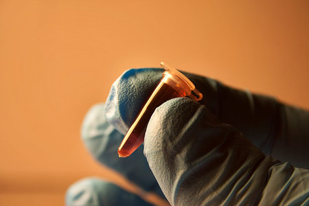 Gloved Hand Holding Blood Vial