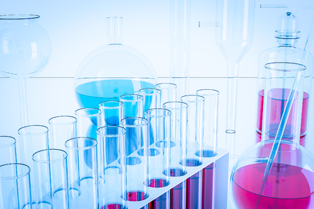 Laboratory equipment and science experiments ,Laboratory glassware containing chemical liquid, science research,science background and science concept.の写真素材