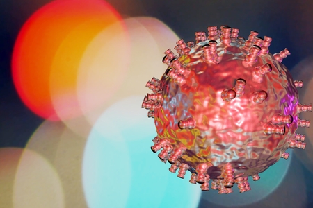 Virus concept t-cell dendritic cell antigen presenting cells cancer cells, virus with receptors, virology concept viral infection on colorful backgroundの写真素材