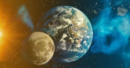 the solar system Earth and Moon  planet concept over galactic background  Earth and Moon and Milky Way solar system planets astronomy concept 3d renderingの写真素材