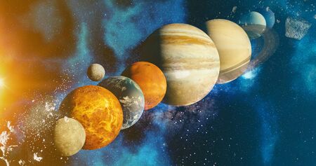 the solar system  planet concept over galactic background  and Milky Way solar system Mercury, Earth and Moon, Venus, Mars, Jupiter, Saturn, Uranus, Neptune, planets astronomy concept 3d renderingの写真素材