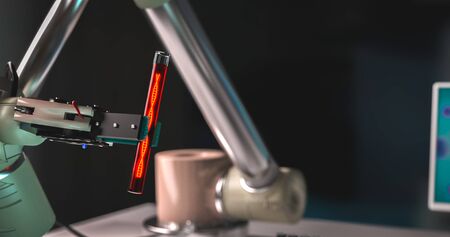 Robot arm holding vial with DNA robotic laboratory robot technology medicine research concept robotic science concept robot arm laboratory glassware DNA 3d renderingの写真素材