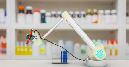 Robot arm holding vial with DNA robotic laboratory robot technology medicine research concept robotic science concept robot arm laboratory glassware DNA 3d renderingの写真素材