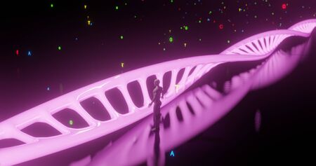 neon glowing DNA with human silhouette and raining DNA proteins concept adenine, thymine, guanine cytosine proteins 3d renderingの写真素材