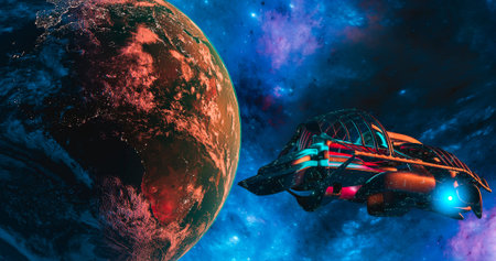 Spaceship and Earth with galaxy background  UFO concept of alien spaceship planet Earth maps by NASA...