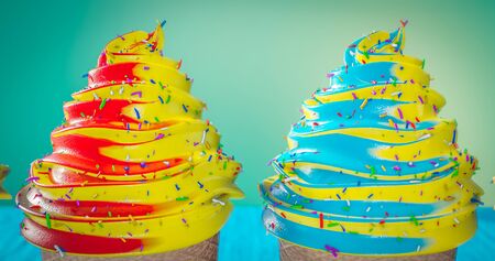 Colorful Ice Cream Cones  ice cream scoops of different colors and flavours with berries, nuts and fruits Summer and Sweet menu concept travel concept  3d renderingの写真素材