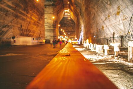 Salt Mine interior with colorful lights tourist attraction salt mine travel concept destination underground lakeの写真素材
