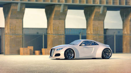 3D rendering of a brand-less generic concept car in outdoor environmentの写真素材