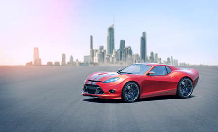 3D rendering of a brand-less generic concept car in outdoor environmentの写真素材