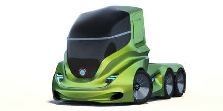 3D rendering of a brand-less generic concept truck. Electric autonomous truck on white backgroundの写真素材