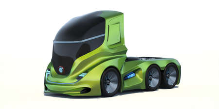3D rendering of a brand-less generic concept truck. Electric autonomous truck on white backgroundの写真素材