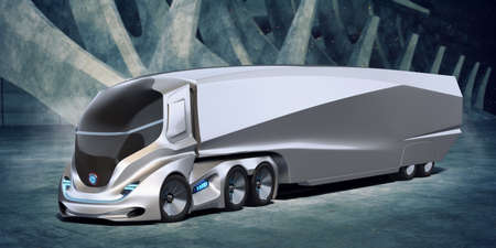 3D rendering of a brand-less generic concept truck. Electric autonomous truck in outside environmentの写真素材