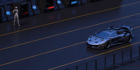 3D rendering of a brand-less generic concept car on the race trackの写真素材