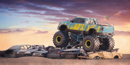 3D rendering of a brand-less generic monster truck doing stunts