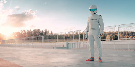 3D rendering of a racing pilot on a race trackの写真素材