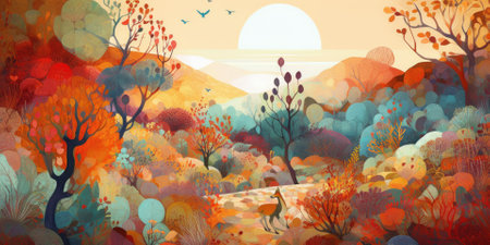 Illustrate a whimsical desert oasis teeming with life, color palette of warm orangesの素材