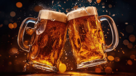 two hands holding beer mugs and toasting, with splashes of liquidの素材