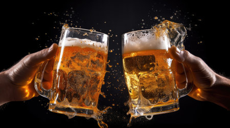 two hands holding beer mugs and toasting, with splashes of liquidの素材