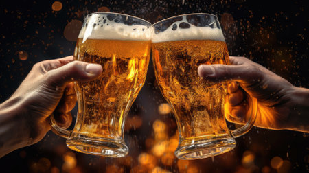 two hands holding beer mugs and toasting, with splashes of liquidの素材