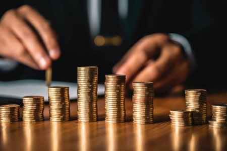 Businessman putting increasing coins stacking and graph money saving and deposit for investment to get profitの素材