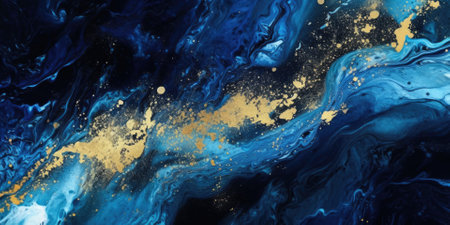 Sparkling fluid. Abstract background. Ink mix. Defocused shiny blue silver golden color glitter particles texture paint wave dark abstract background.の素材