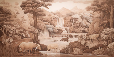 wallpaper whit forest and leaves, old drawing vintage - generative aiの素材