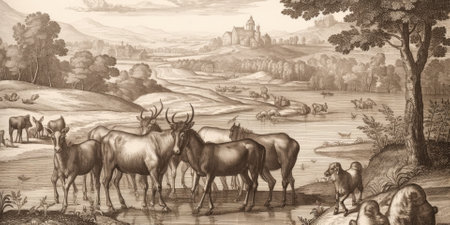 wallpaper whit forest and leaves, old drawing vintage - generative aiの素材