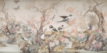 wallpaper whit forest and leaves, old drawing vintage - generative aiの素材