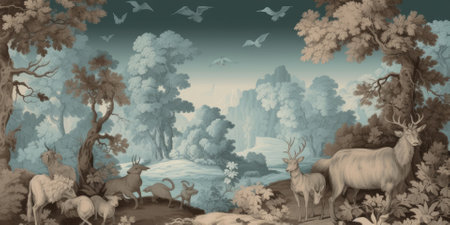 wallpaper whit forest and leaves, old drawing vintage - generative aiの素材