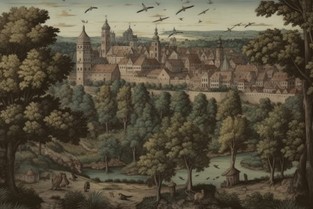 wallpaper whit forest and leaves, old drawing vintage - generative aiの素材